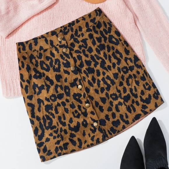 Leopard Print Corduroy Button Down Mini Skirt - Picture 2 of 6